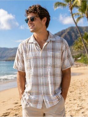Toscano 100% Linen Shirt Mens XL Button Up Short Sleeve Plaid Lightweight Summer